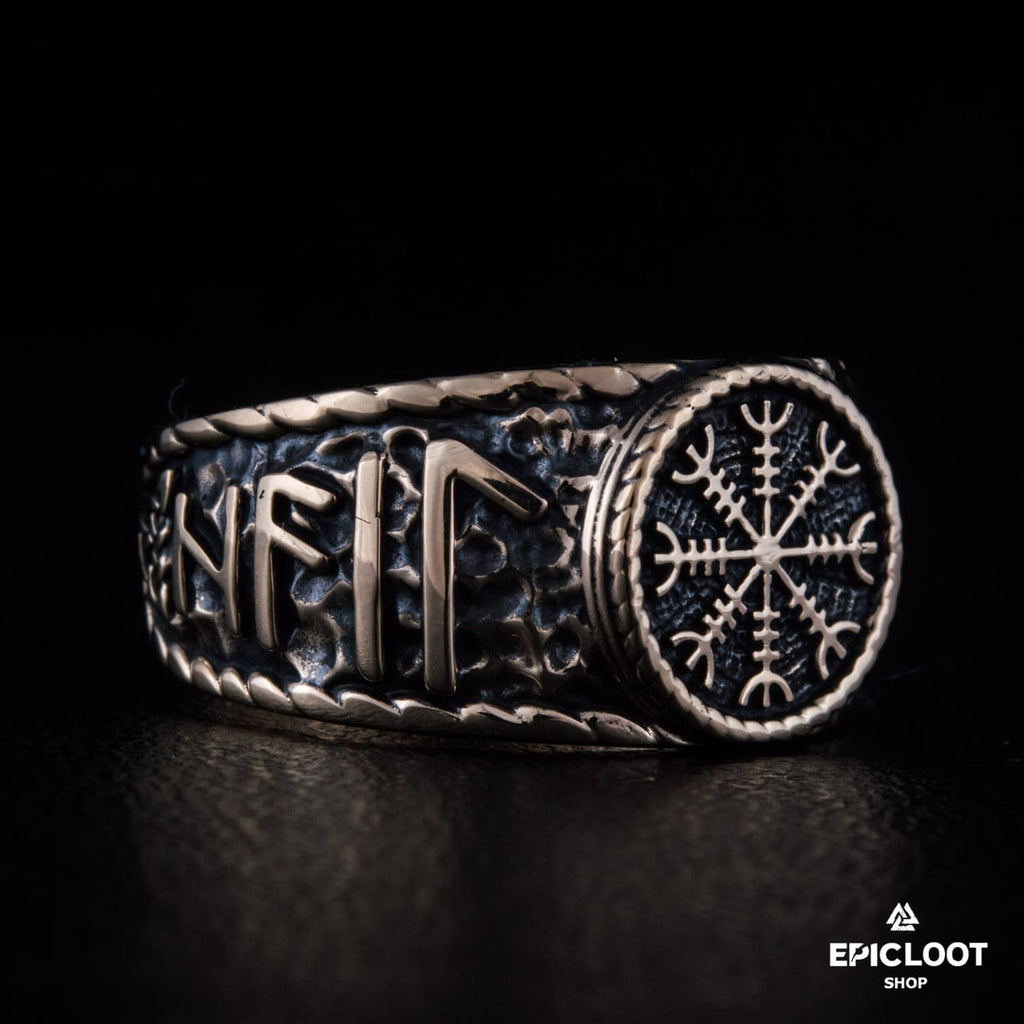Helm Of Awe Symbol With Runes Bronze Viking Ring