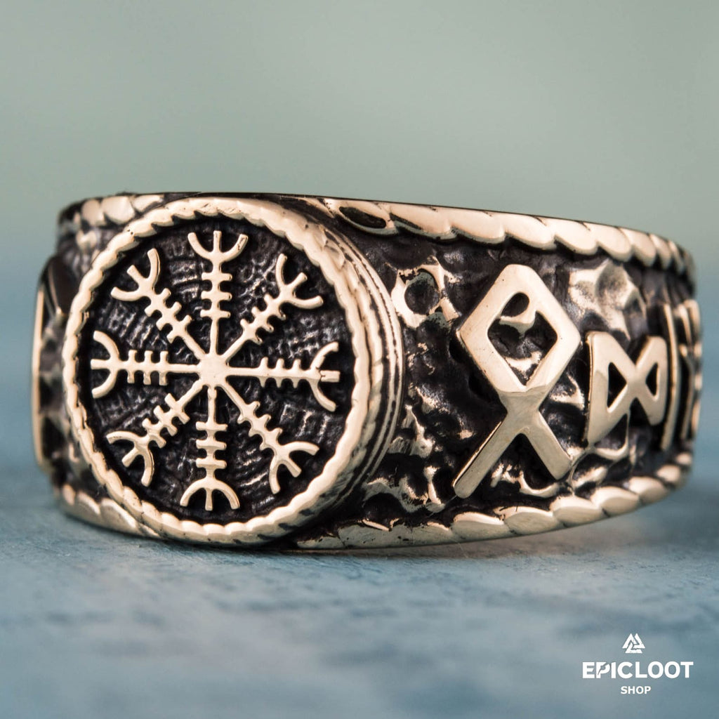 Helm Of Awe Symbol With Runes Bronze Viking Ring