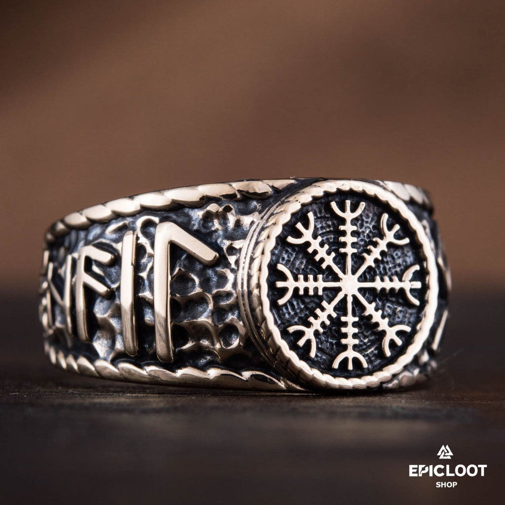 Helm Of Awe Symbol With Runes Bronze Viking Ring