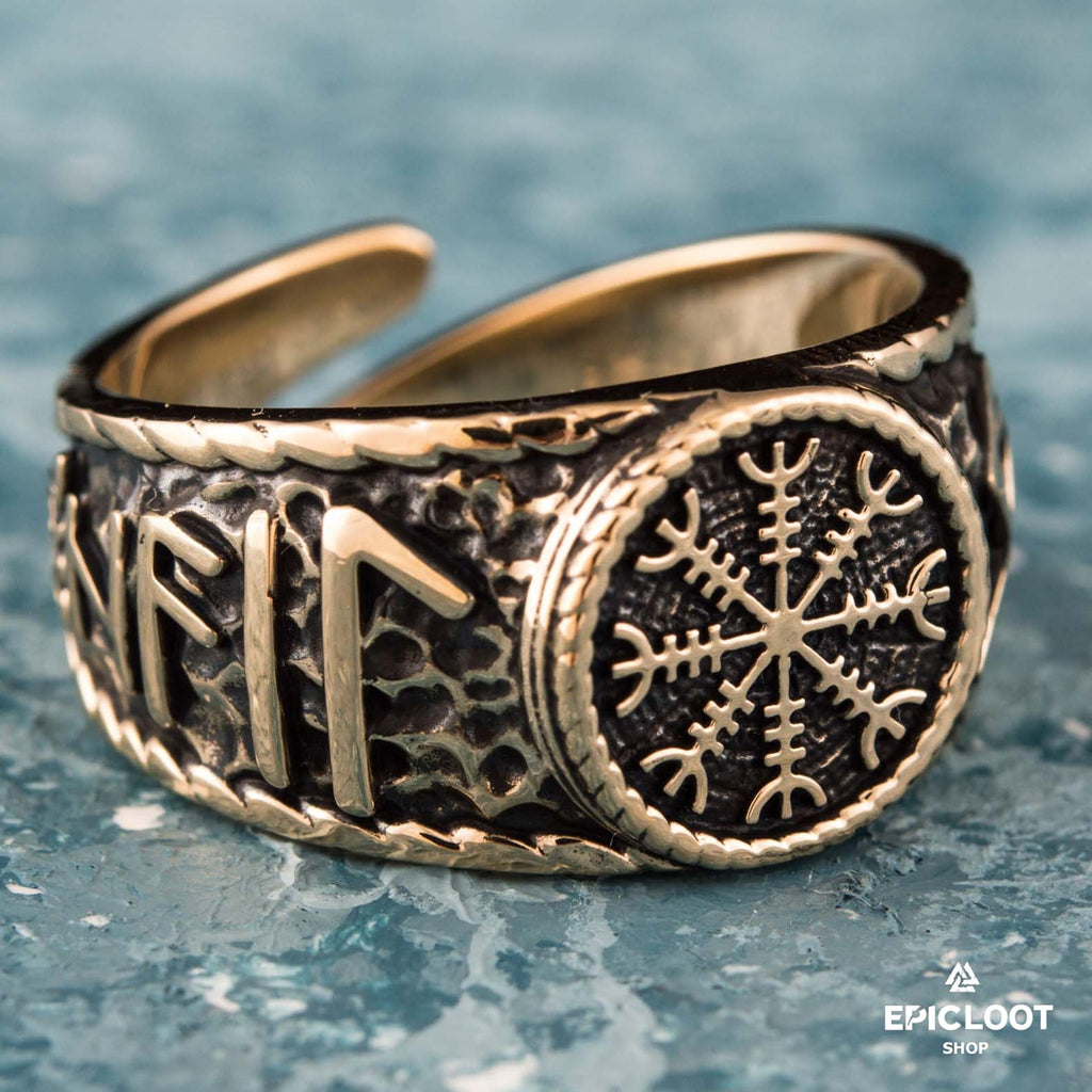 Helm Of Awe Symbol With Runes Bronze Viking Ring