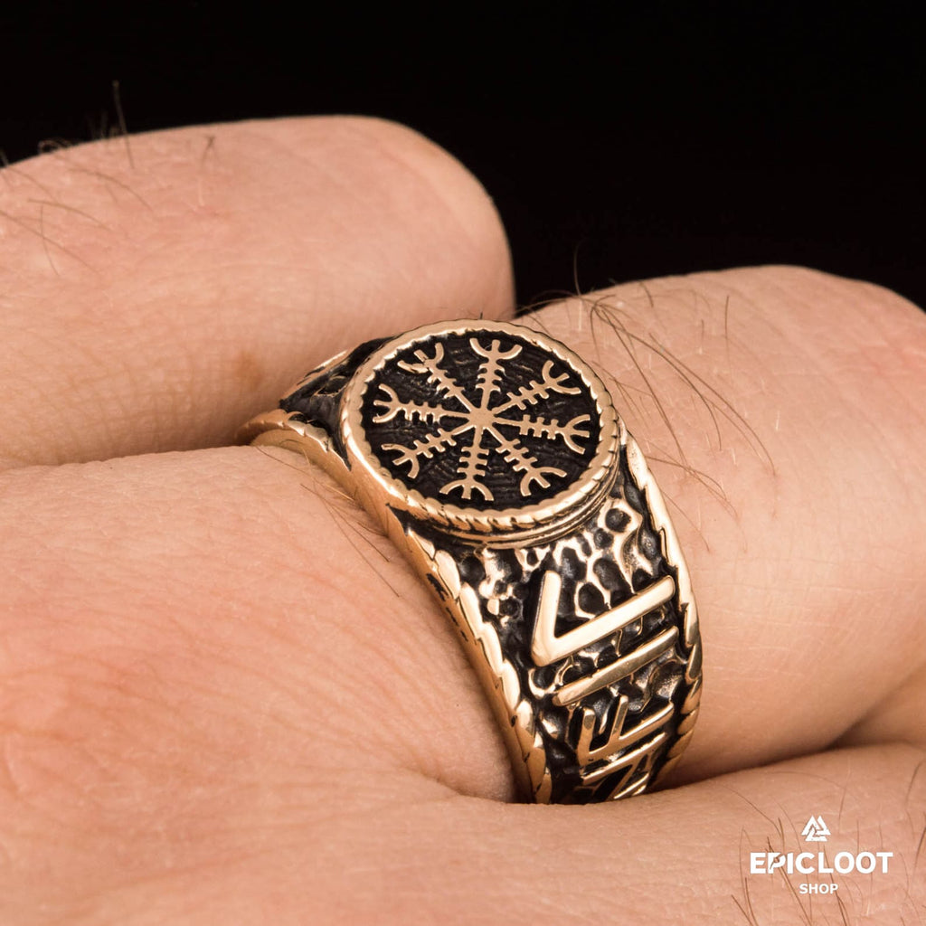 Helm Of Awe Symbol With Runes Bronze Viking Ring