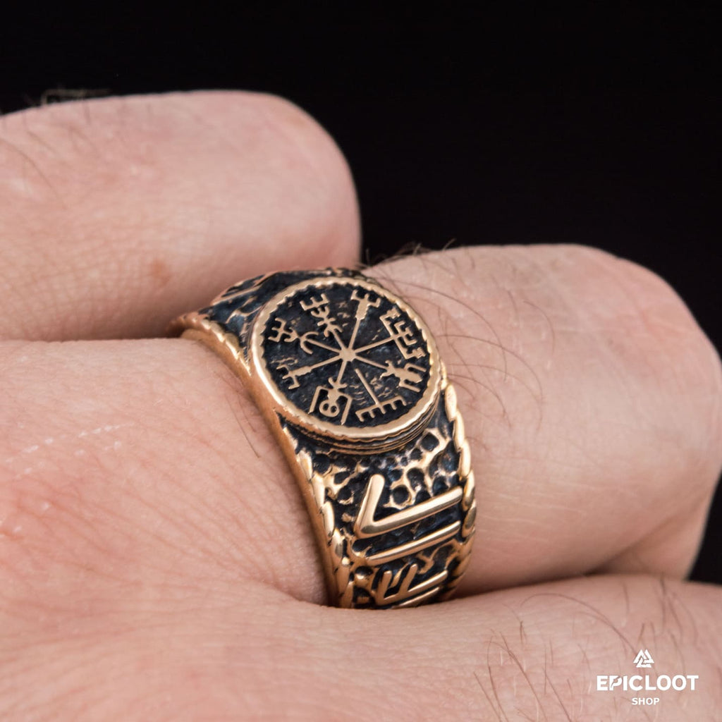 Vegvisir Symbol With Runes Bronze Norse Ring
