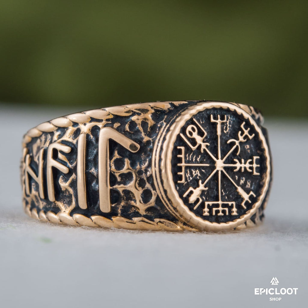 Vegvisir Symbol With Runes Bronze Norse Ring
