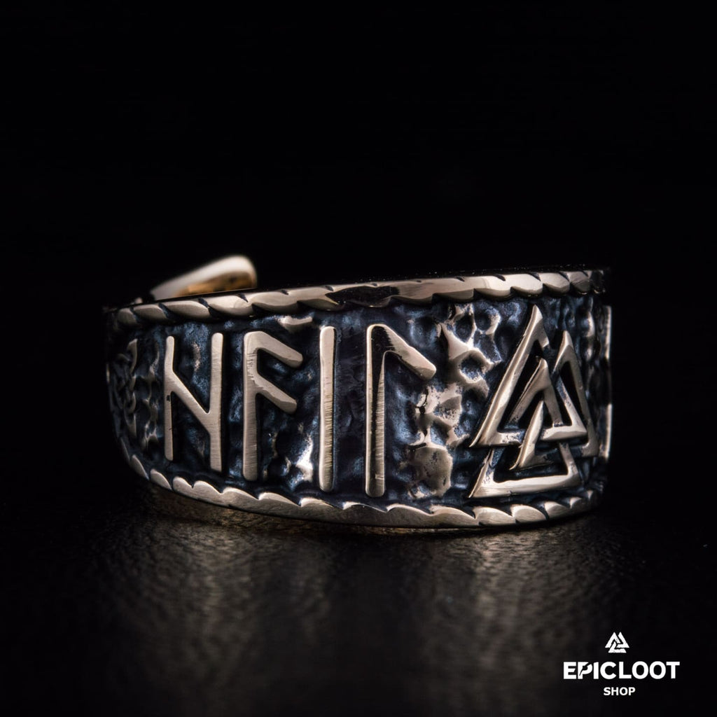 Valknut Symbol With Runes Bronze Viking Ring