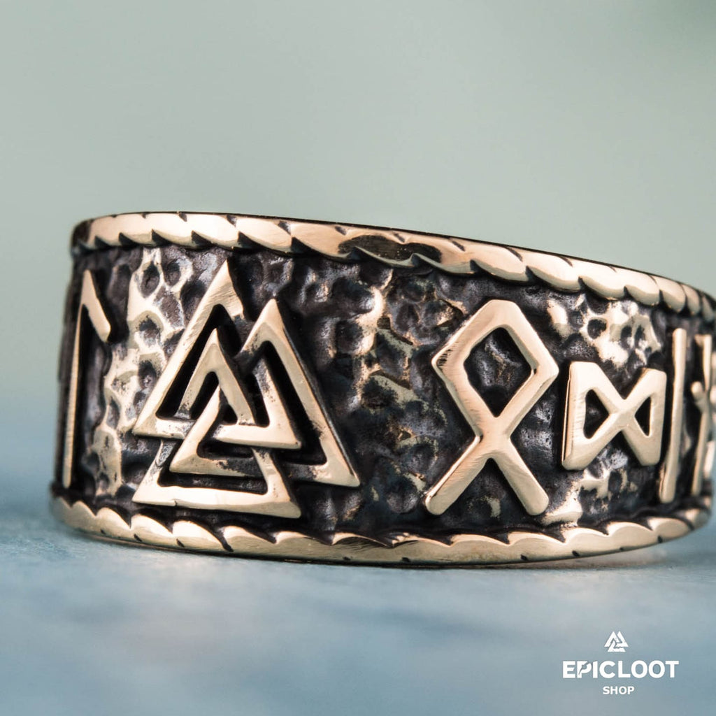 Valknut Symbol With Runes Bronze Viking Ring