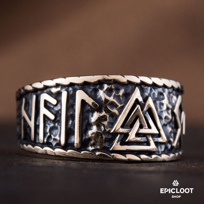 Valknut Symbol With Runes Bronze Viking Ring