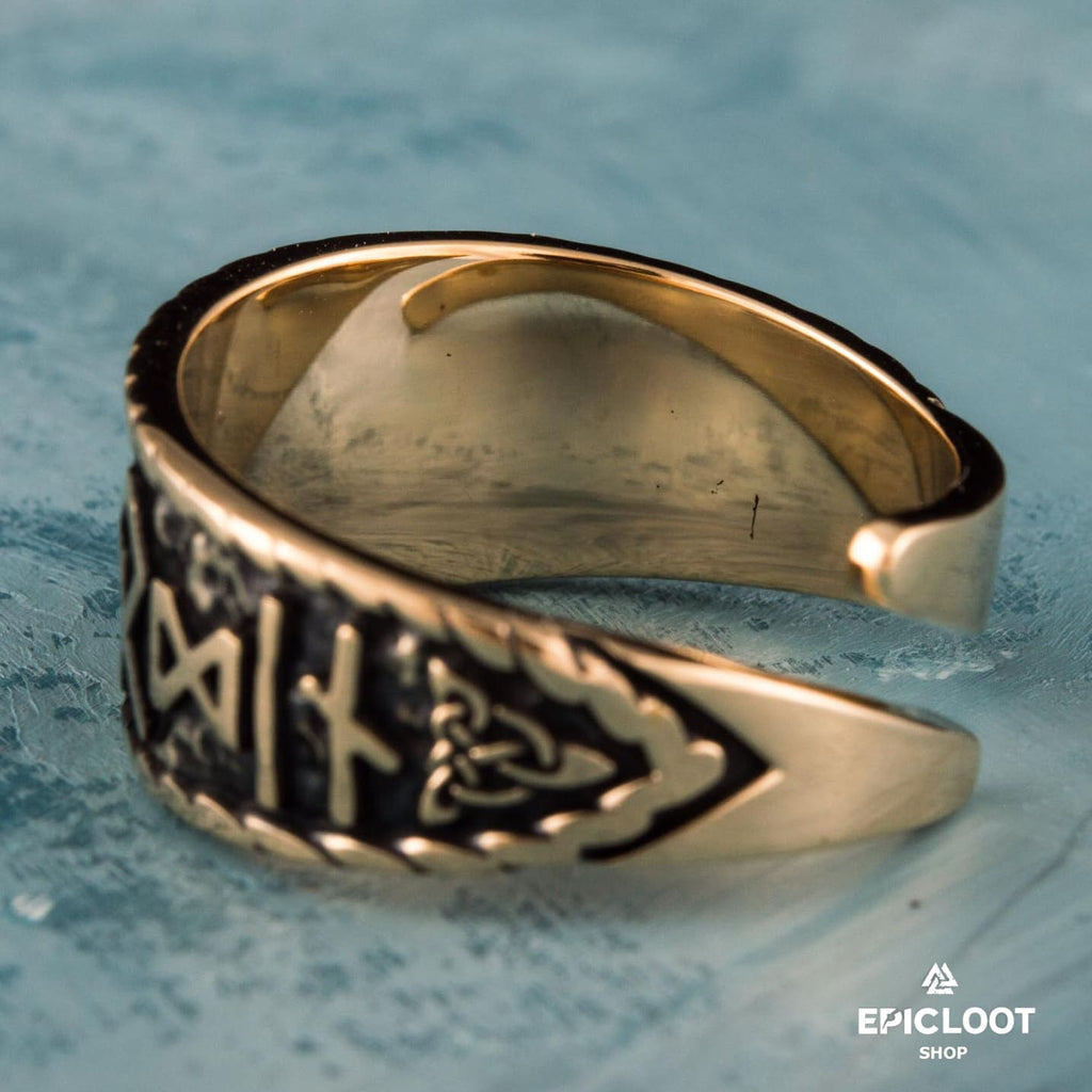 Valknut Symbol With Runes Bronze Viking Ring