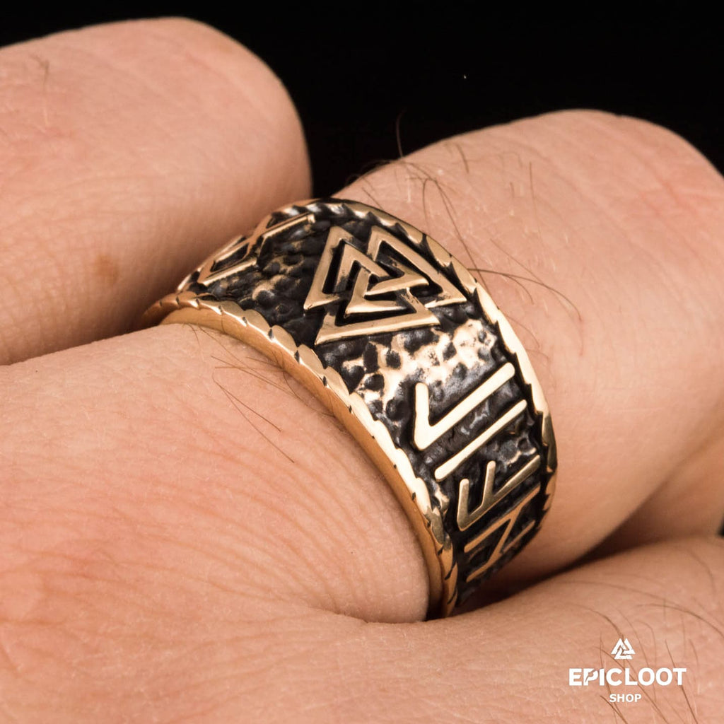 Valknut Symbol With Runes Bronze Viking Ring