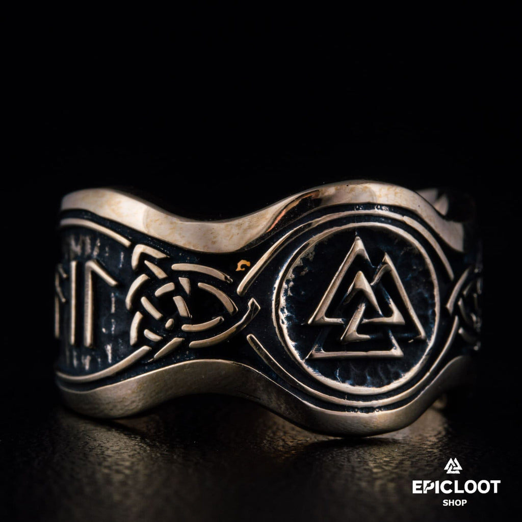 Valknut Symbol With Runes Bronze Viking Ring