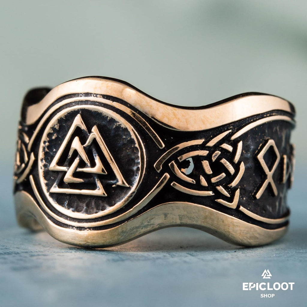 Valknut Symbol With Runes Bronze Viking Ring
