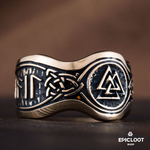 Valknut Symbol With Runes Bronze Viking Ring