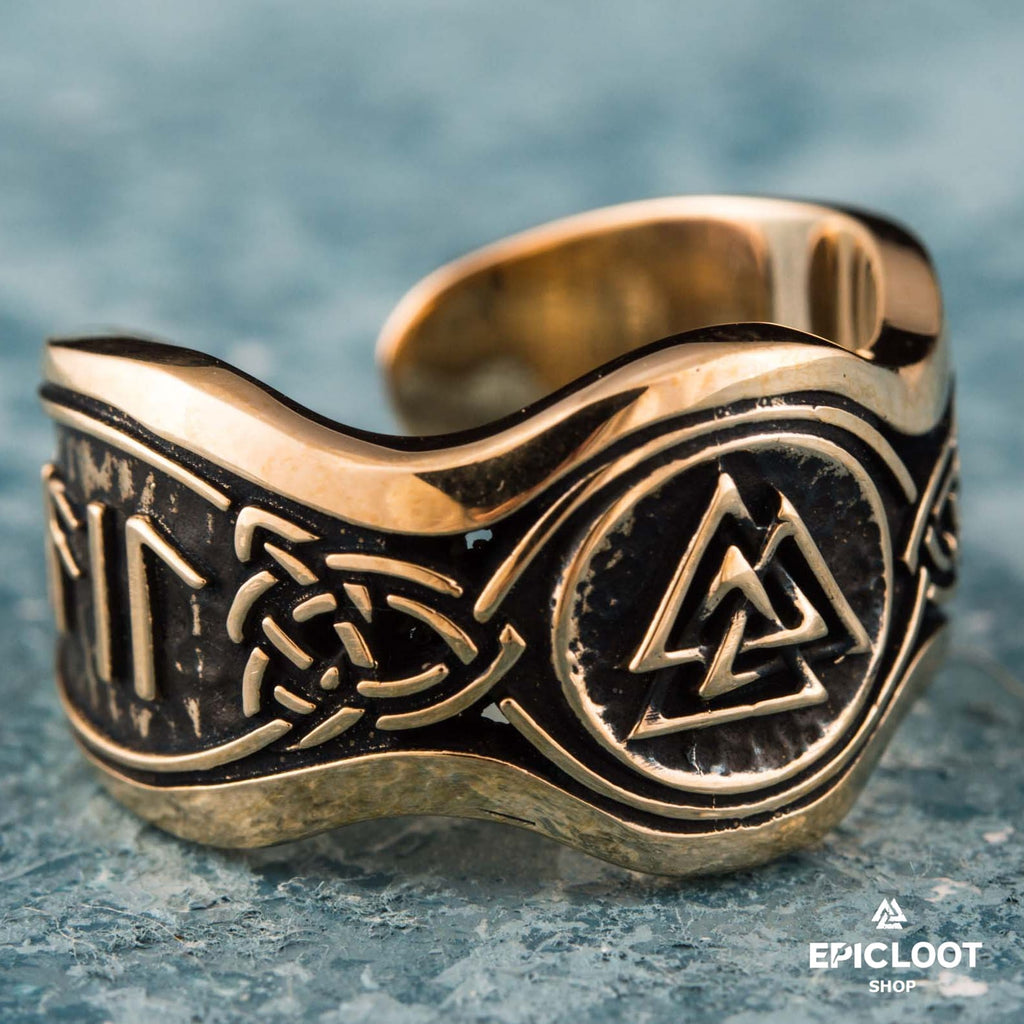 Valknut Symbol With Runes Bronze Viking Ring