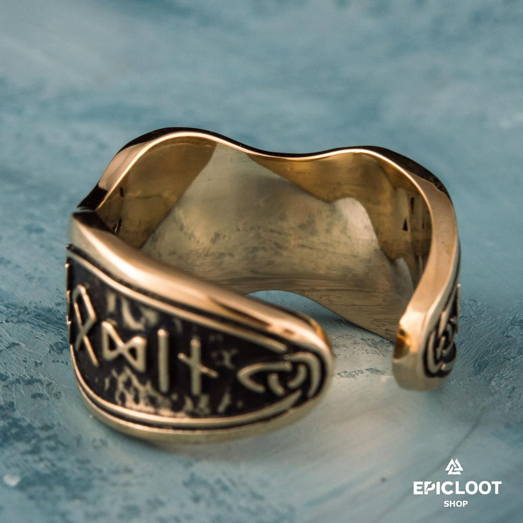 Valknut Symbol With Runes Bronze Viking Ring