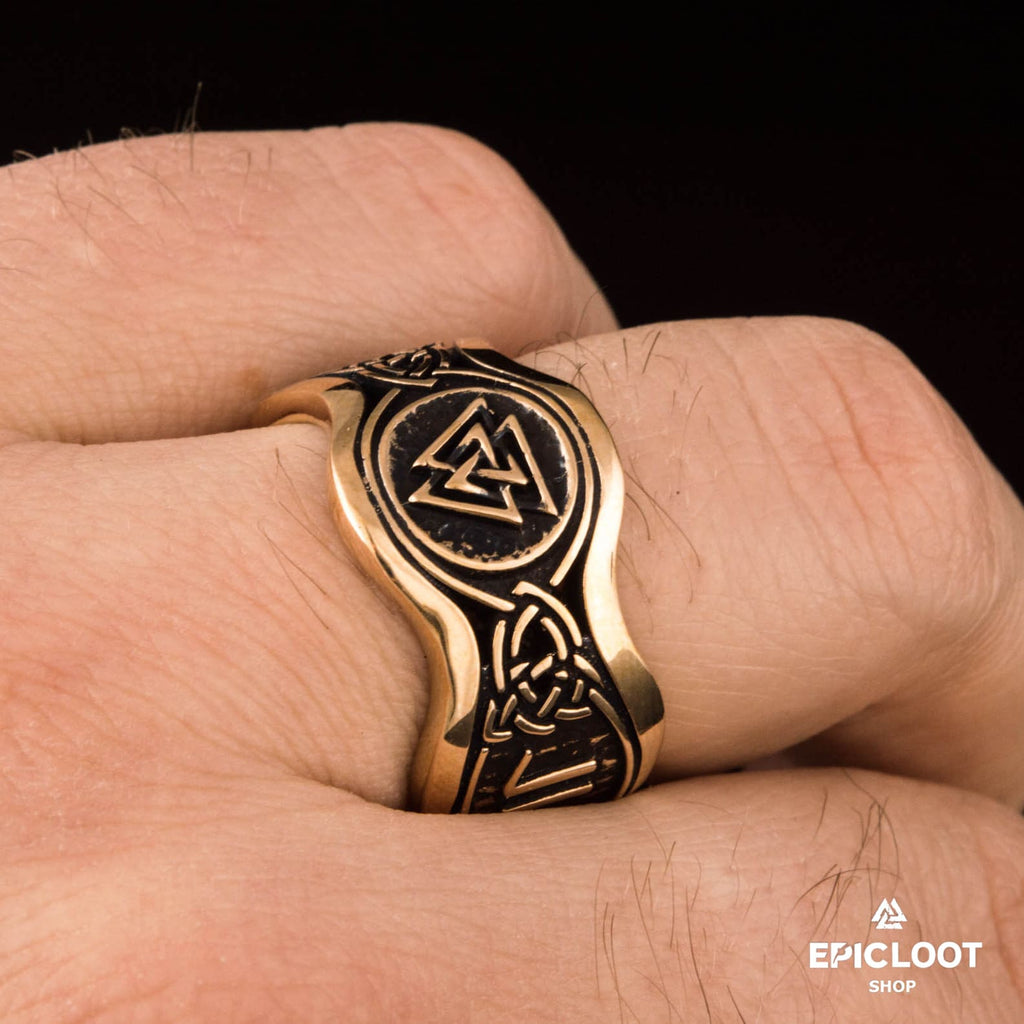 Valknut Symbol With Runes Bronze Viking Ring