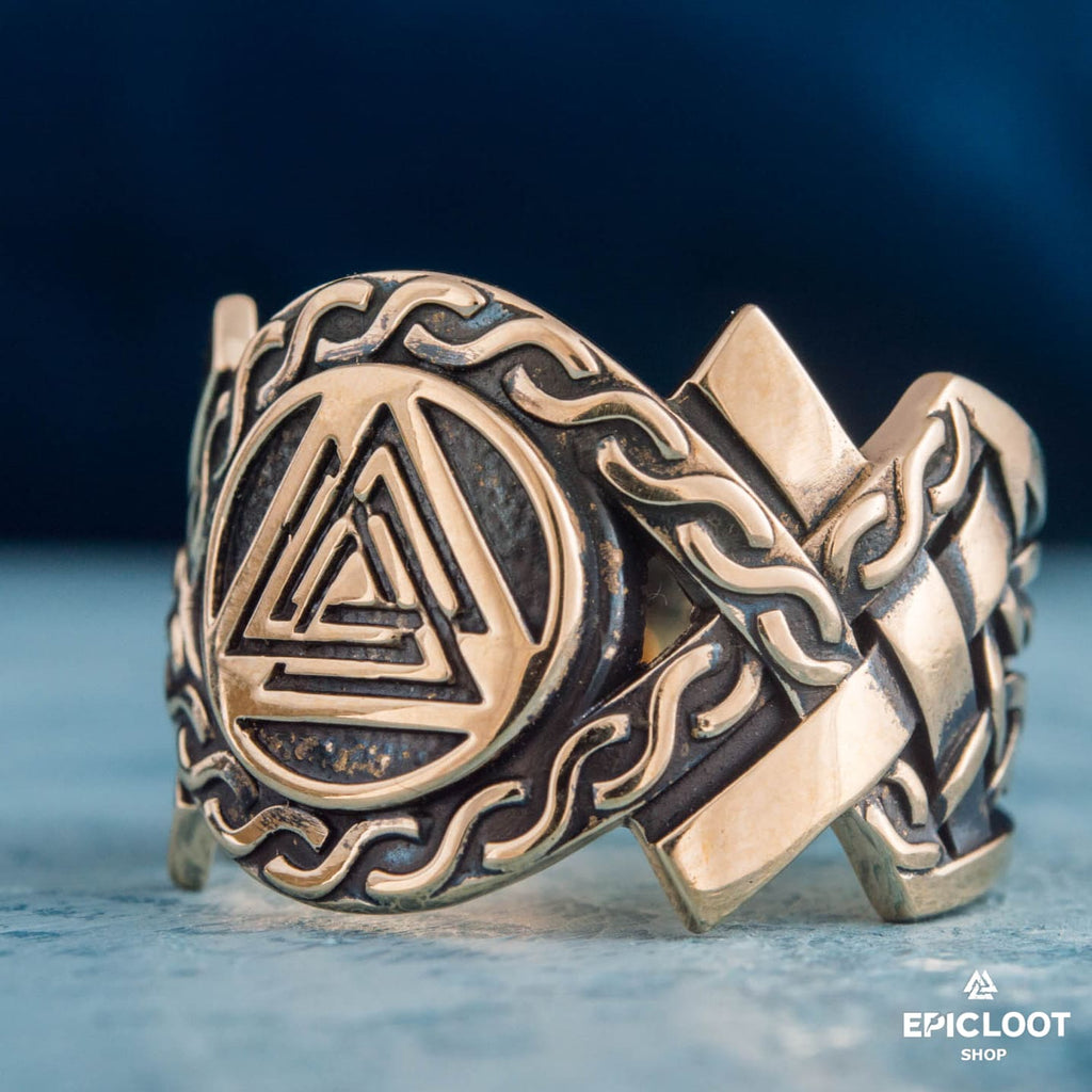 Valknut Symbol Decorated Bronze Ring