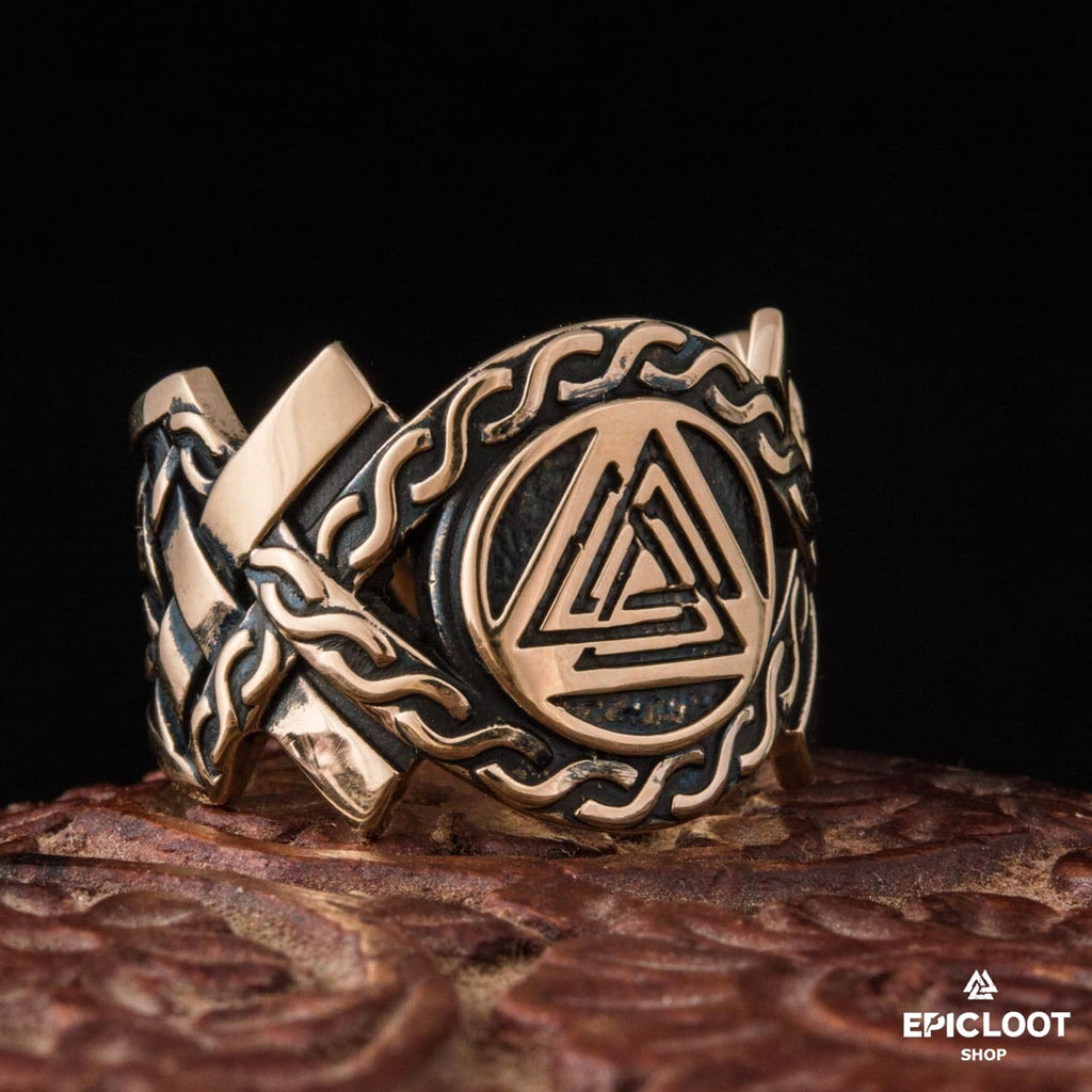 Valknut Symbol Decorated Bronze Ring