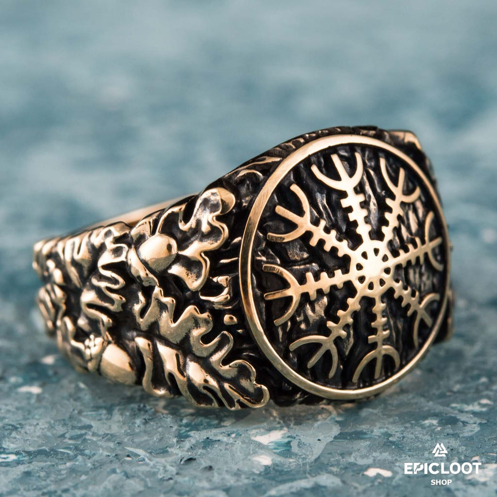 Helm Of Awe Symbol Decorated Bronze Norse Ring