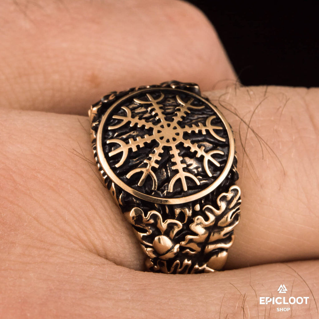 Helm Of Awe Symbol Decorated Bronze Norse Ring