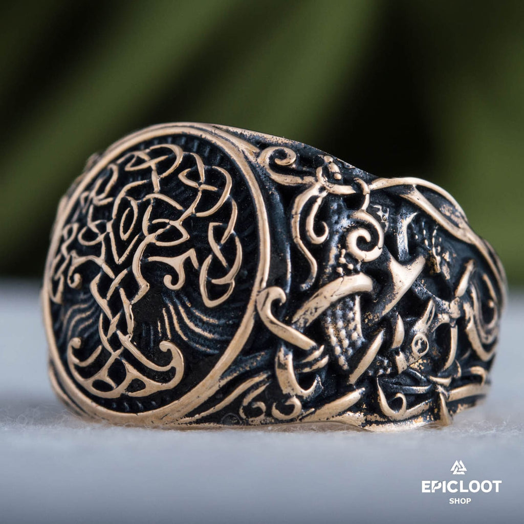 Yggdrasil Symbol Decorated Bronze Norse Ring