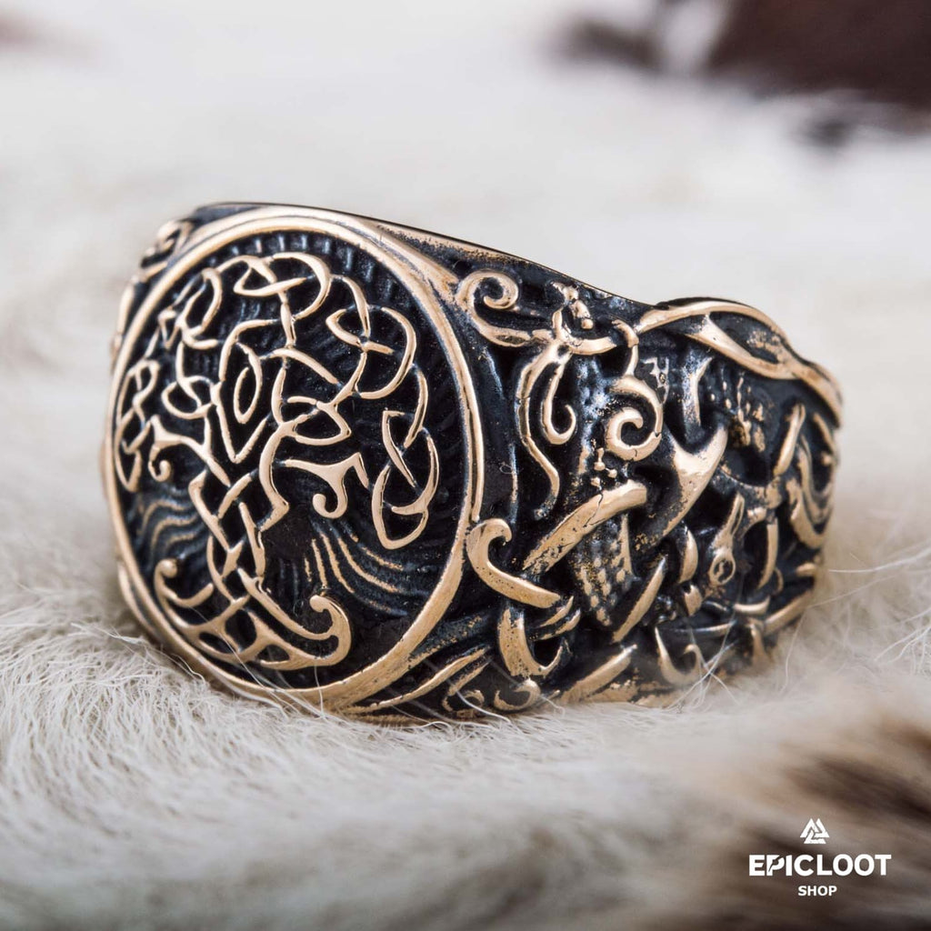 Yggdrasil Symbol Decorated Bronze Norse Ring