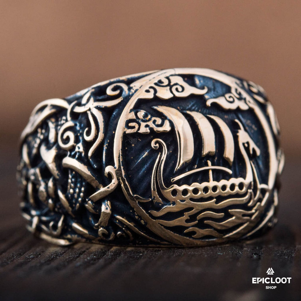 Drakkar Symbol Decorated Bronze Viking Ring