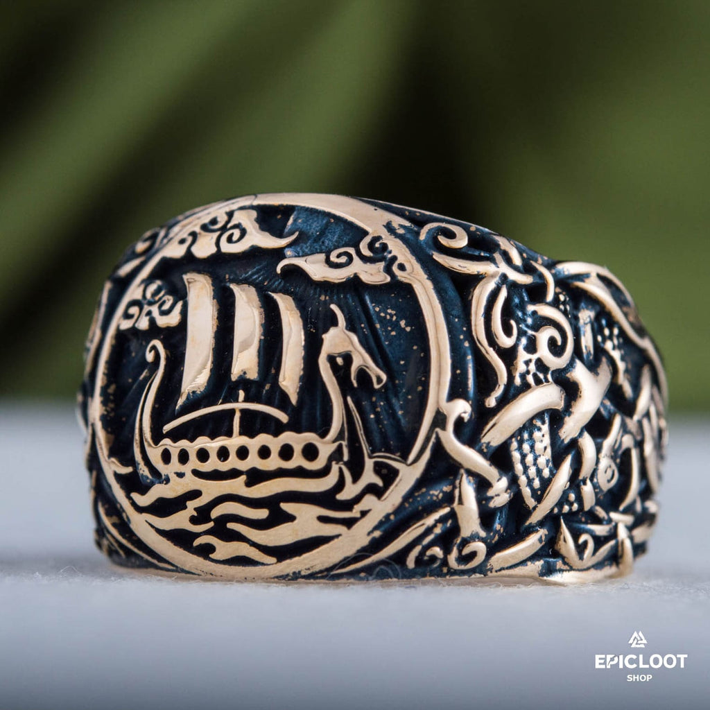 Drakkar Symbol Decorated Bronze Viking Ring