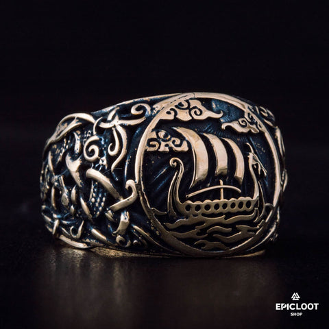 Drakkar Symbol Decorated Bronze Viking Ring