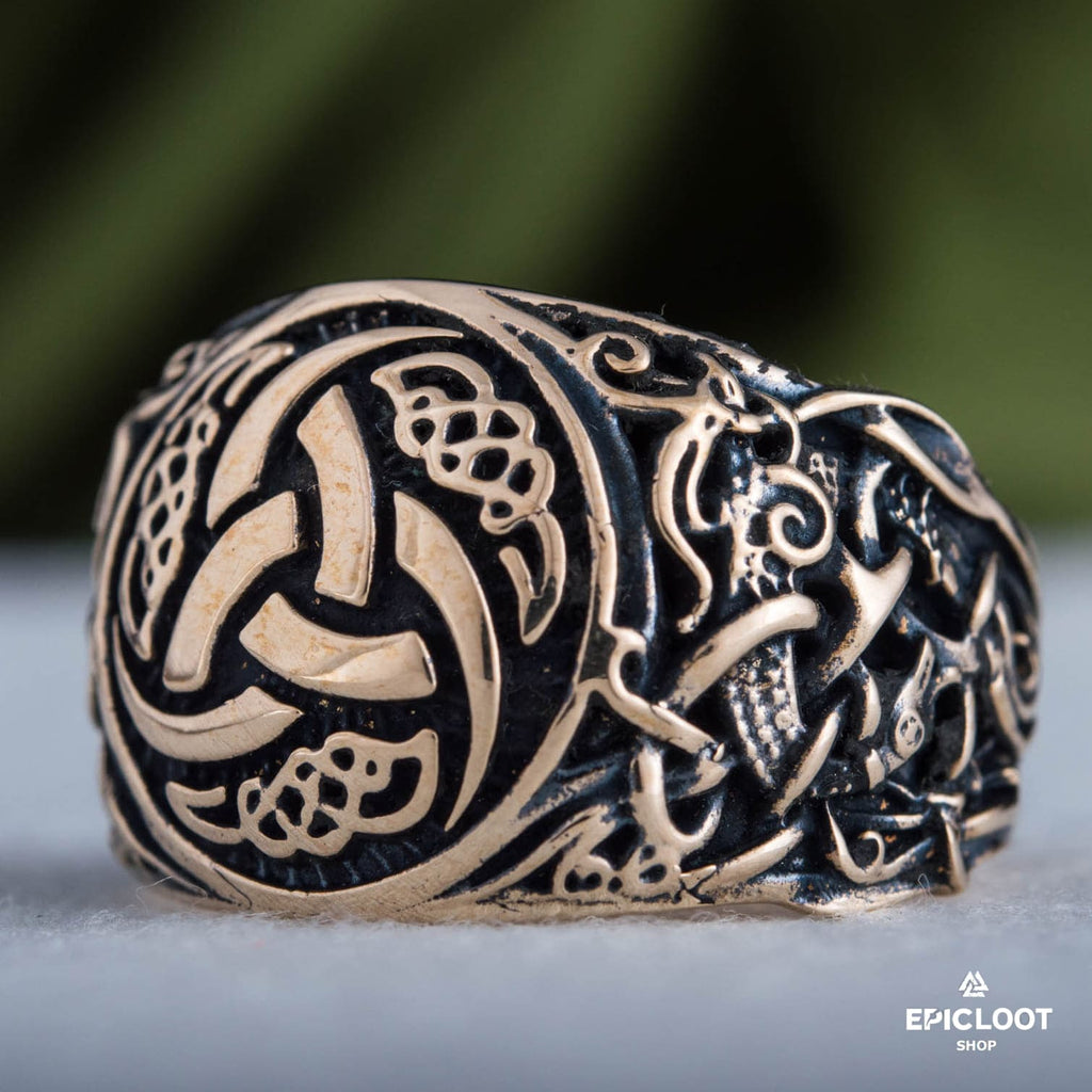 Triple horn Symbol Decorated Bronze Viking Ring