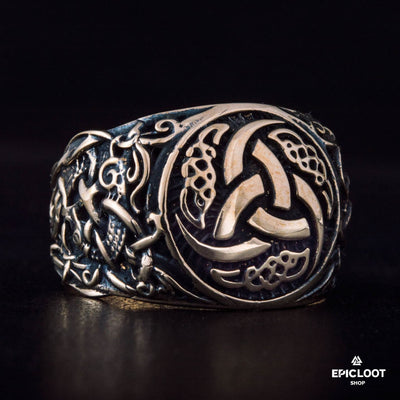 Triple horn Symbol Decorated Bronze Viking Ring