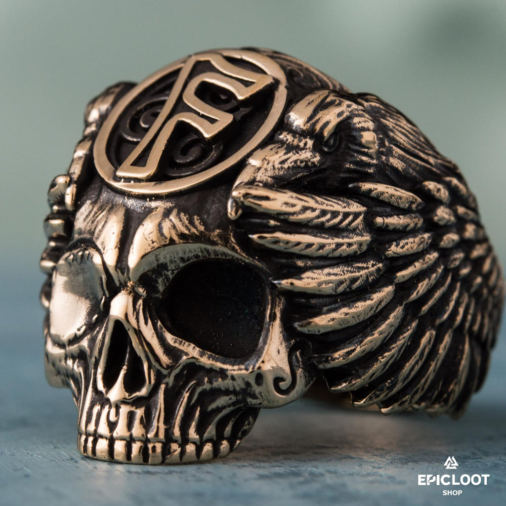 Ansuz Rune Bronze Skull Viking Ring