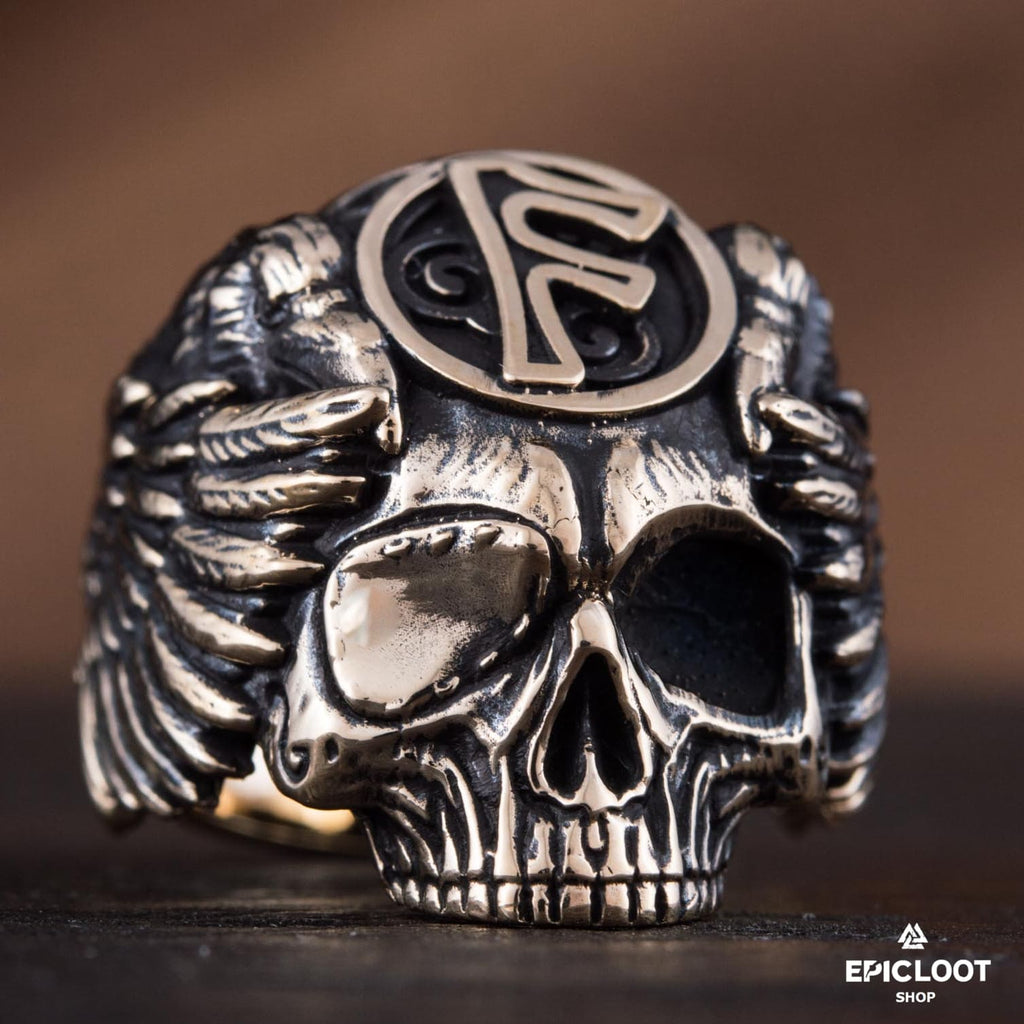 Ansuz Rune Bronze Skull Viking Ring