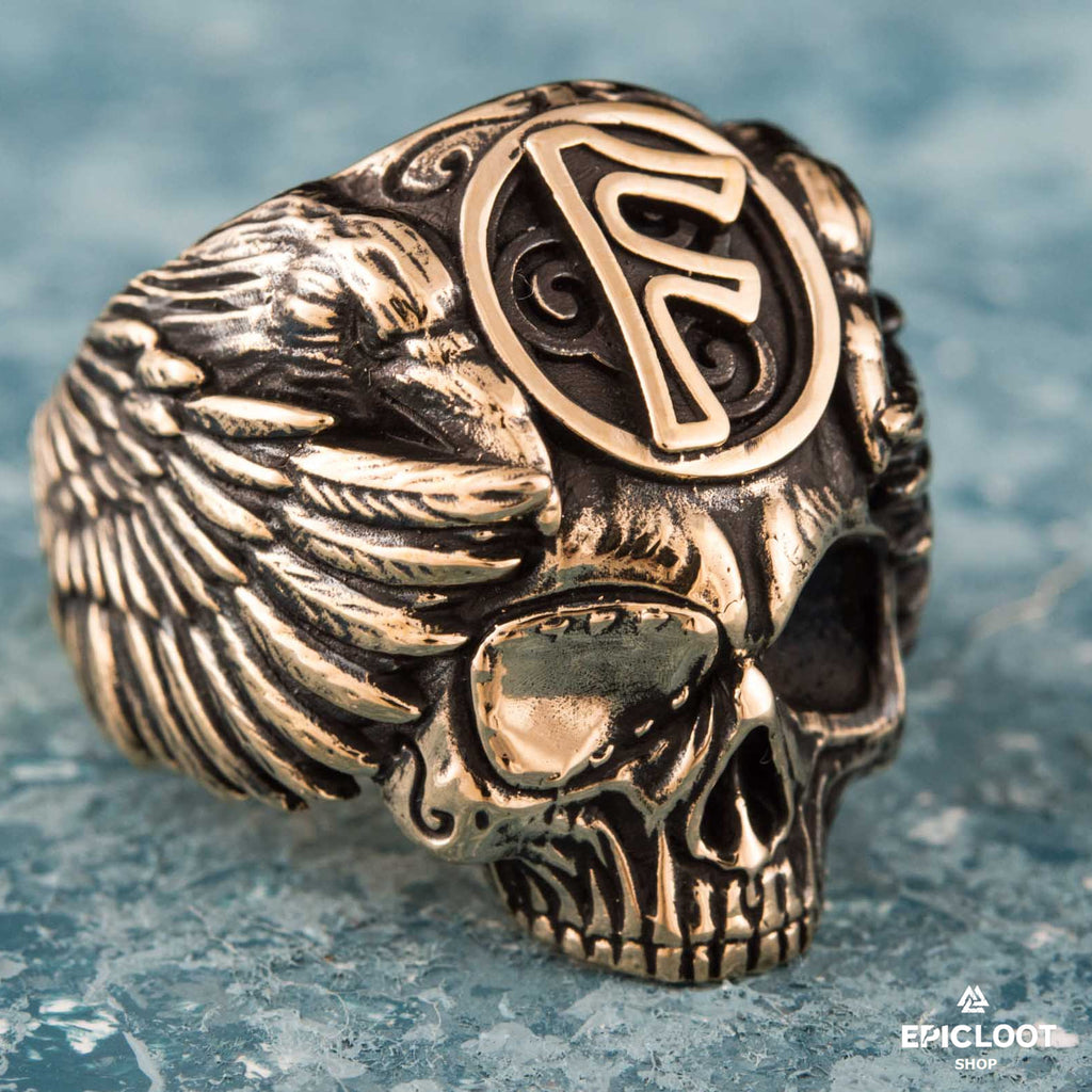 Ansuz Rune Bronze Skull Viking Ring