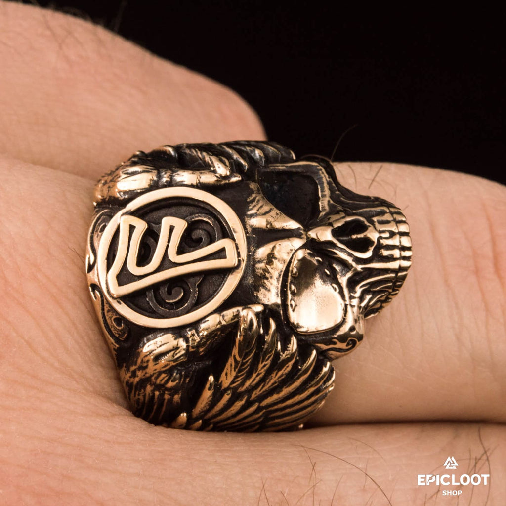 Ansuz Rune Bronze Skull Viking Ring