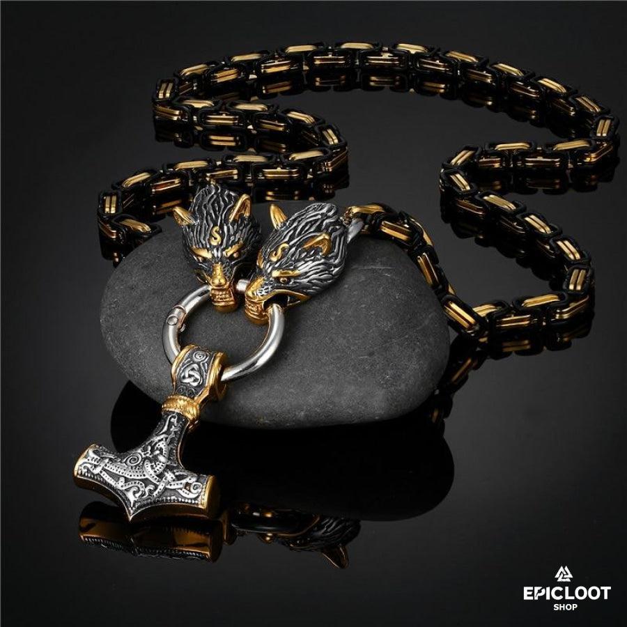 Black Gold King Chain - Wolves and Mjolnir Pendant