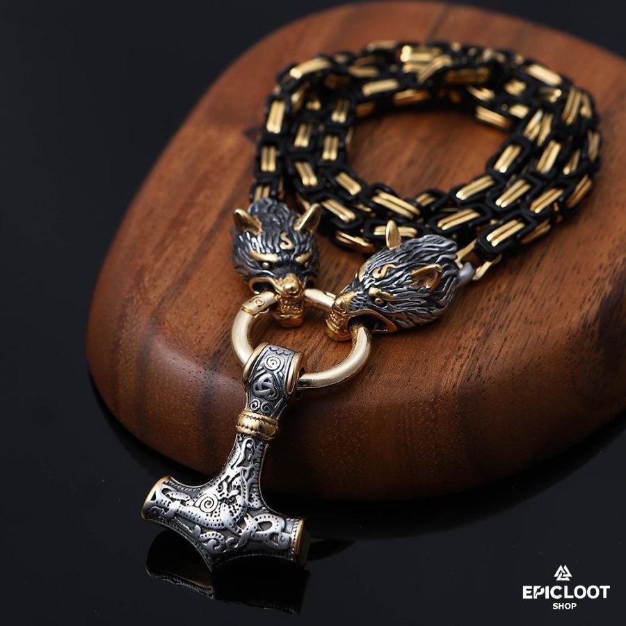 Black Gold King Chain - Wolves and Mjolnir Pendant