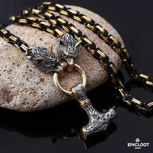 Black Gold King Kette - Anhänger Mit Wölfen Und Mjolnir