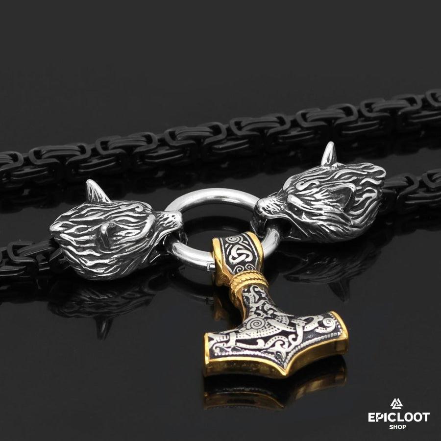 Black King Chain With Wolf Heads & Mjolnir Pendant