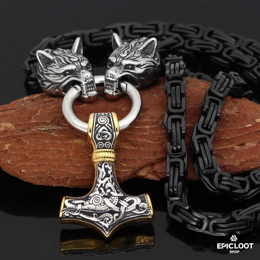 Black King Chain With Wolf Heads & Mjolnir Pendant