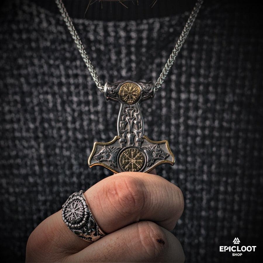 Double-sided Compass Mjolnir necklace