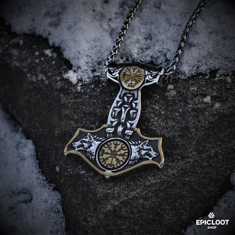 Double-sided Compass Mjolnir necklace