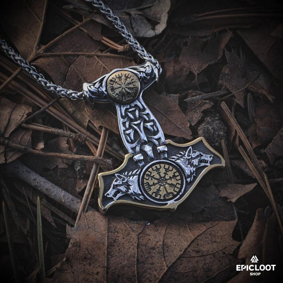 Double-sided Compass Mjolnir necklace