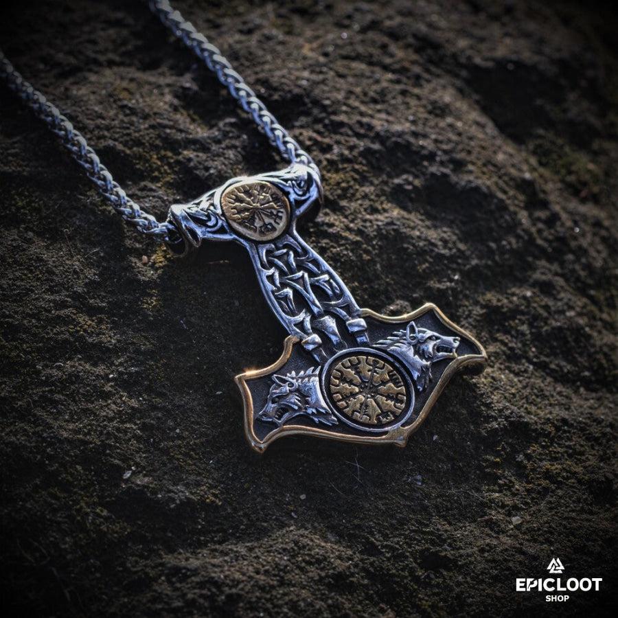 Double-sided Compass Mjolnir necklace