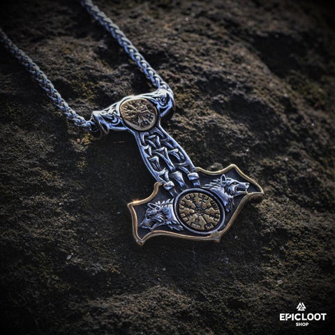Double-sided Compass Mjolnir necklace