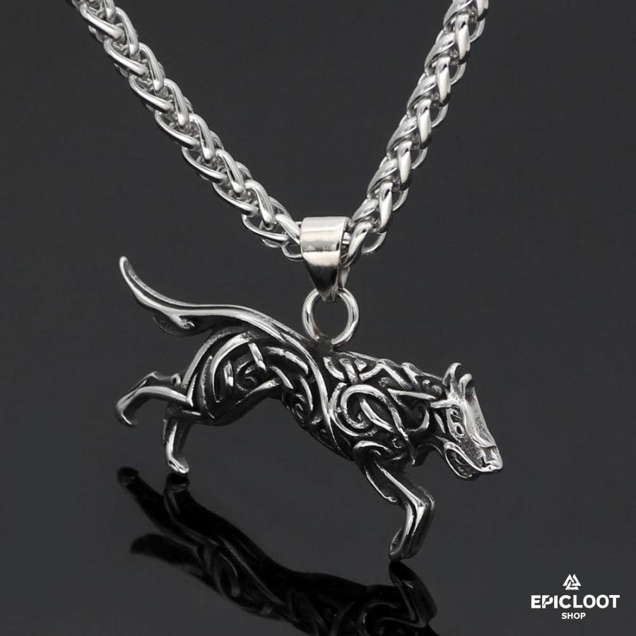 Fenrir Wolf with Nordic Carving Necklace