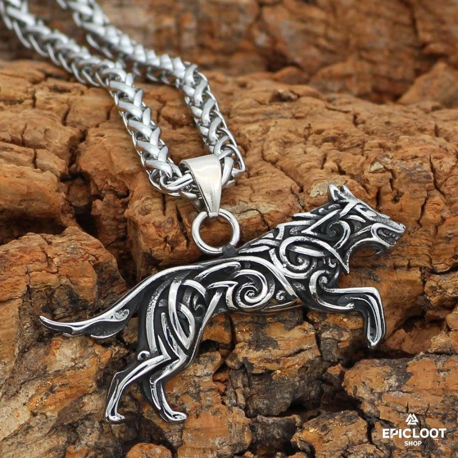 Fenrir Wolf with Nordic Carving Necklace