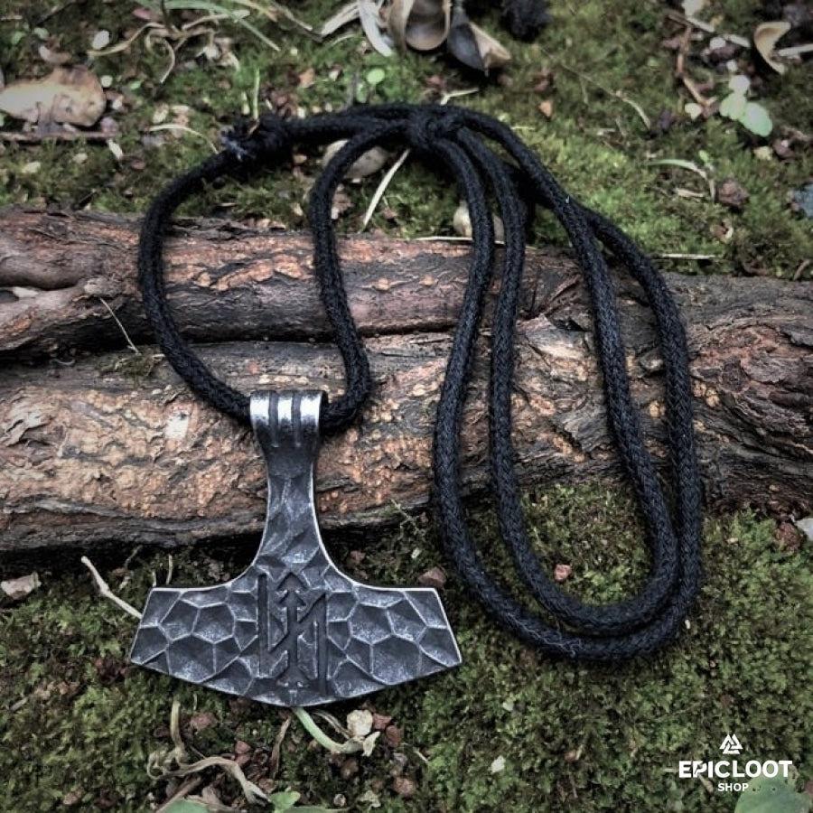 Forged Runic Mjolnir Pendant Carved Antique Design