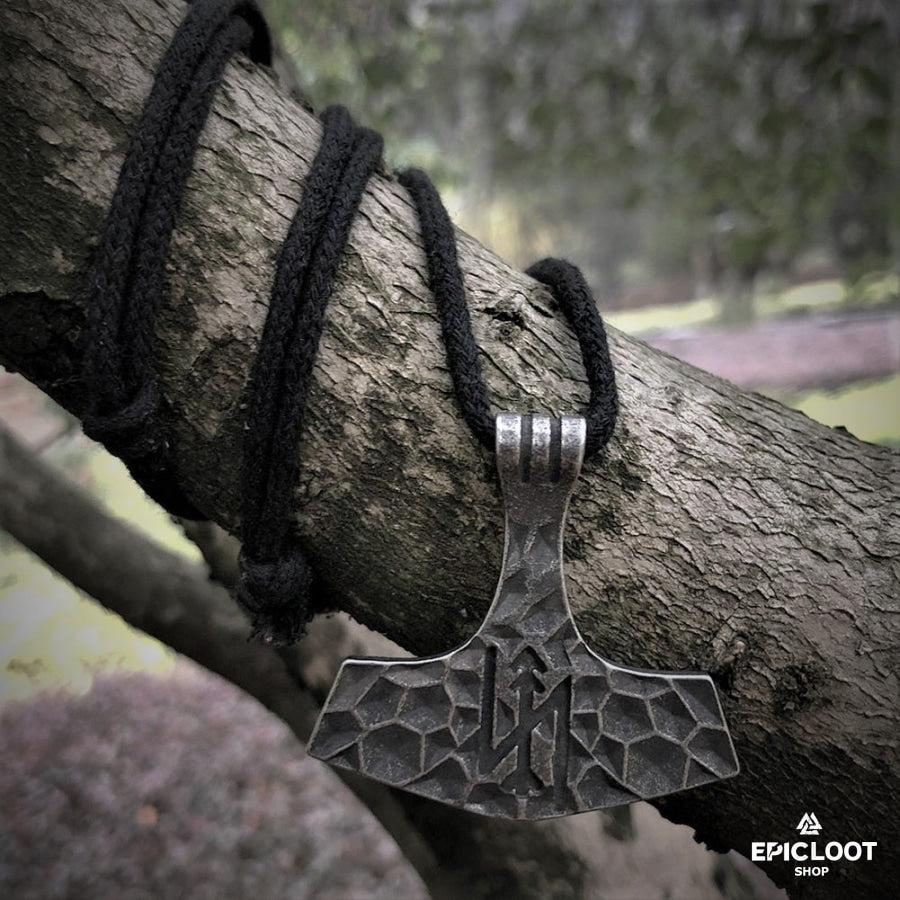 Forged Runic Mjolnir Pendant Carved Antique Design