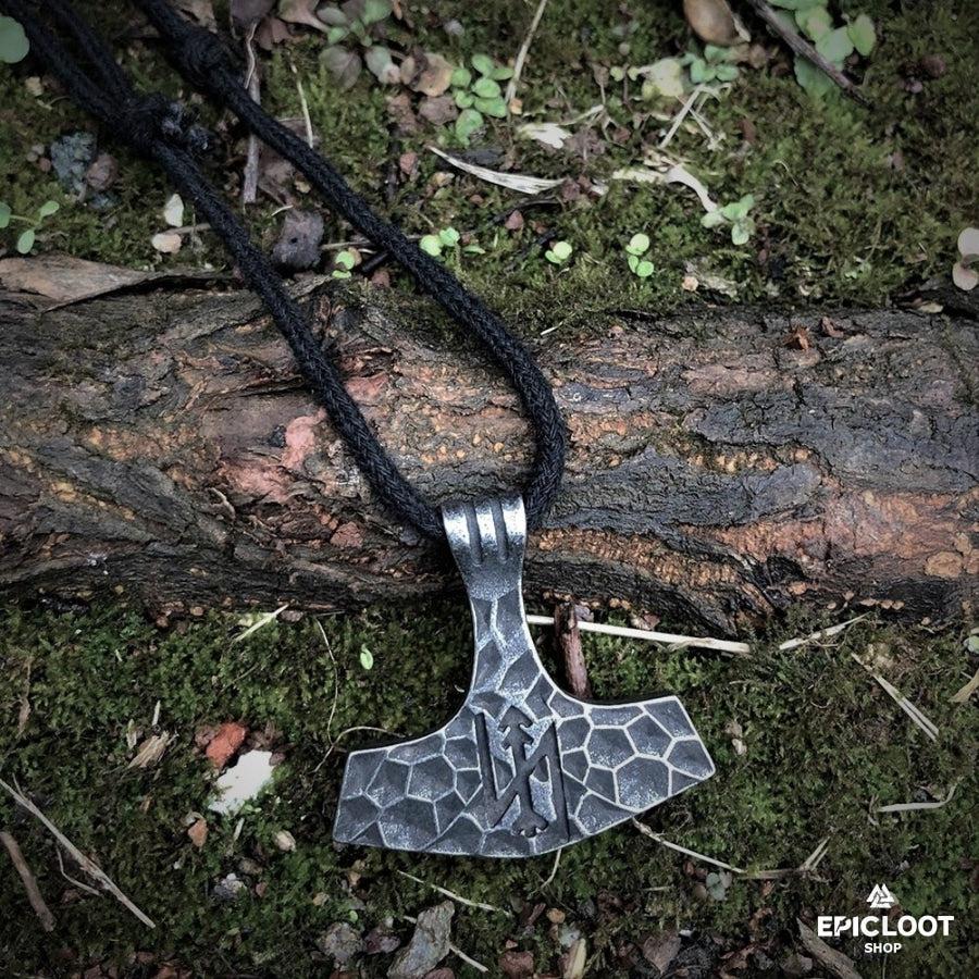 Forged Runic Mjolnir Pendant Carved Antique Design