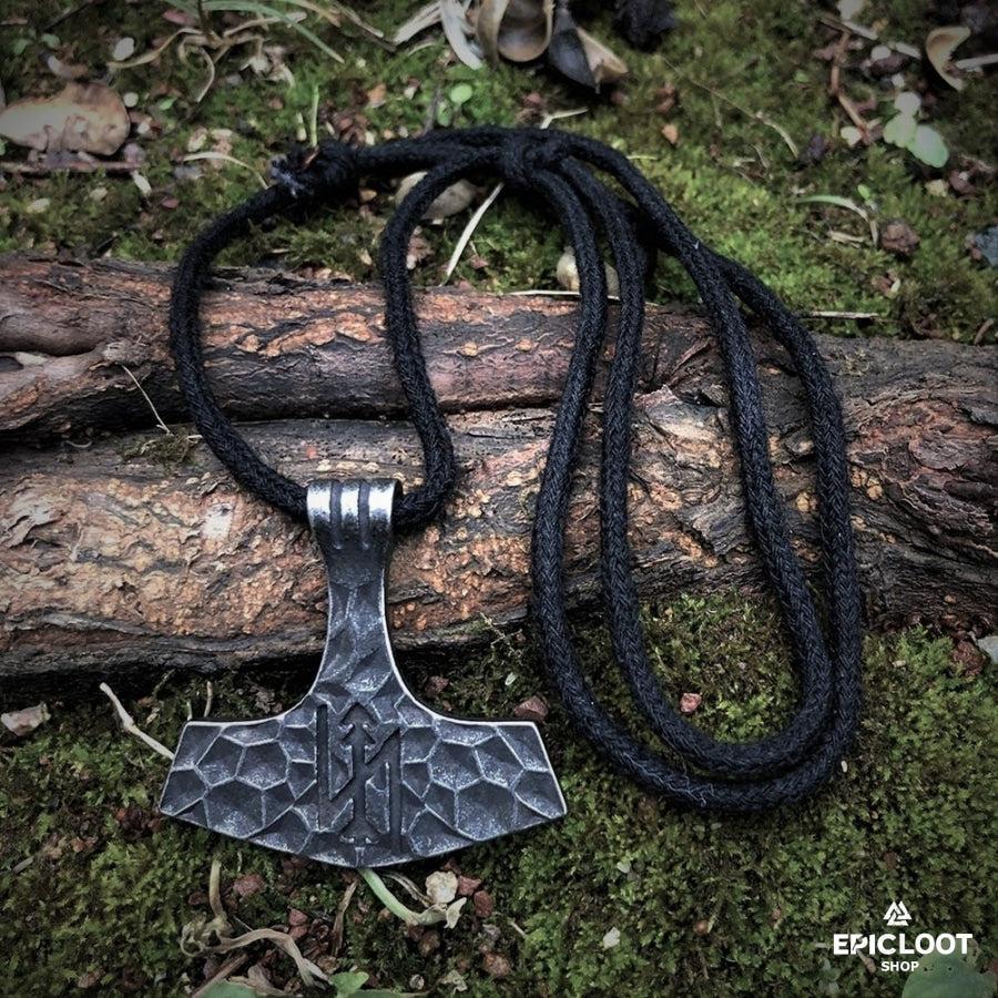 Forged Runic Mjolnir Pendant Carved Antique Design