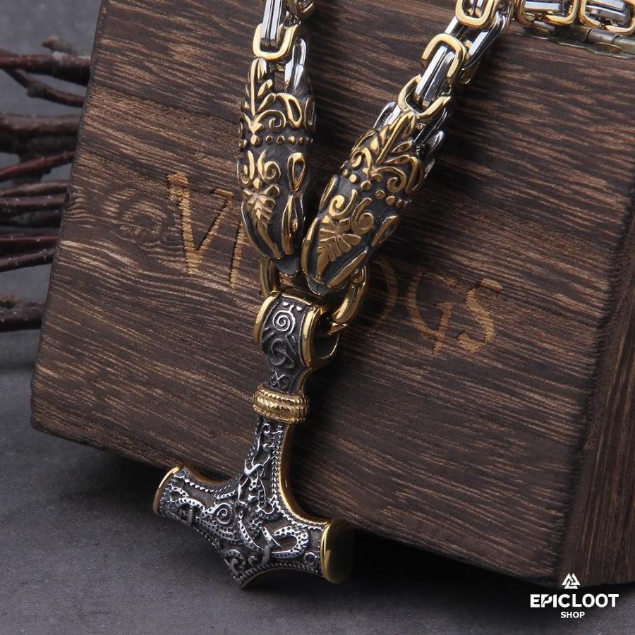 Gold King Chain With Dragon Heads & Mjolnir Pendant